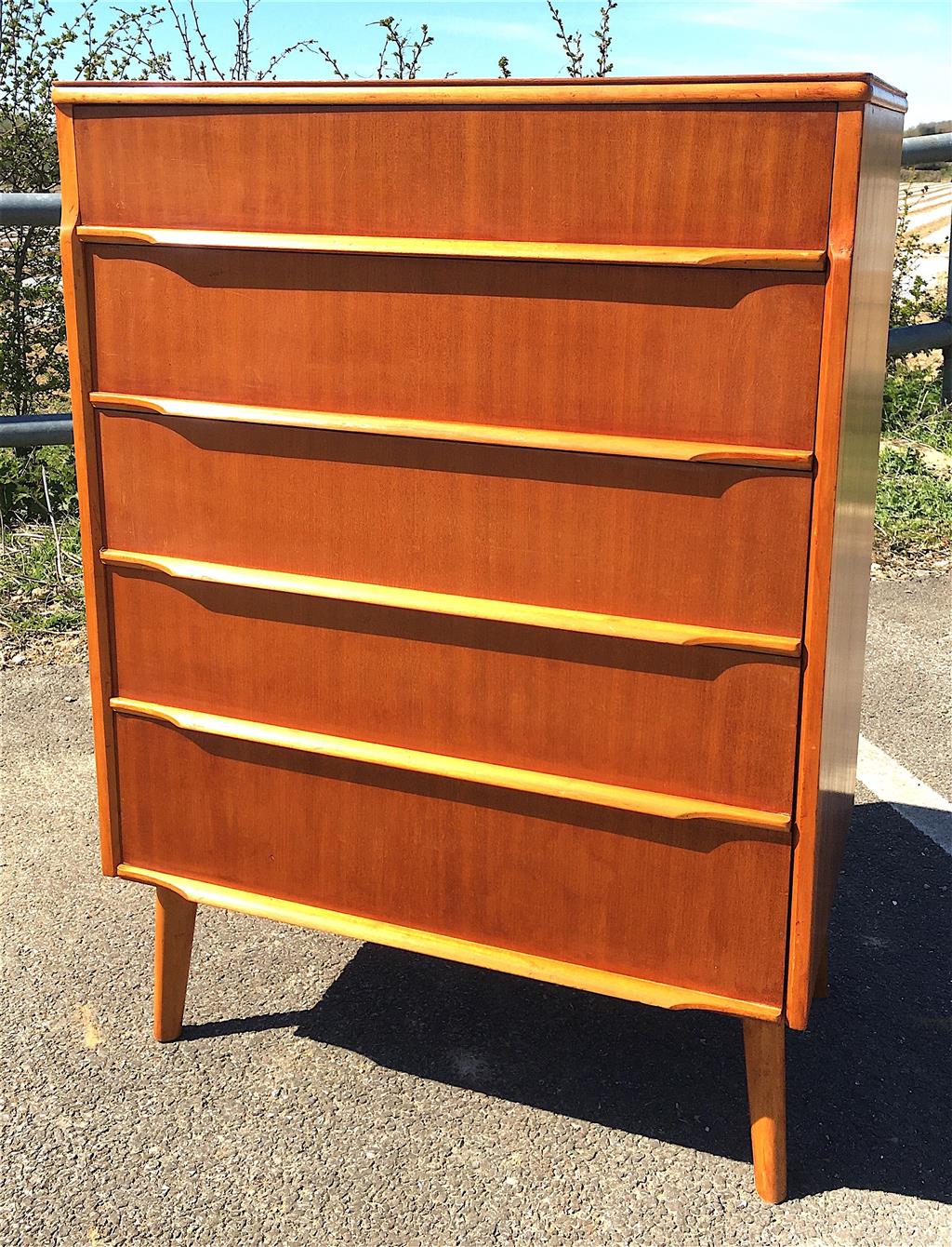 A mid century design mahogany and teak five drawer chest, circa 1960, width 77cm, depth 45cm, height 107cm